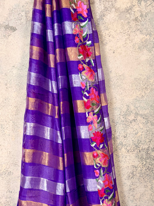 Pure tissue silk saree with Embroidery & stripes