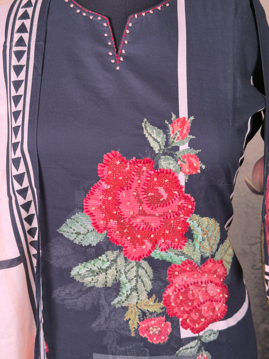 Black Pure Cotton Cross-Stitch Kurta Set – 3 Piece