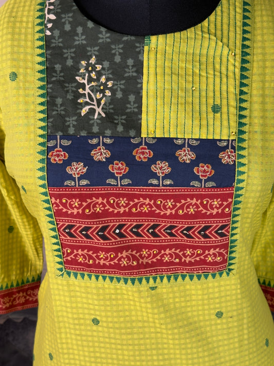 Pure Handloom Cotton Kurta Set with Hand Appliqué Work (3-Piece)