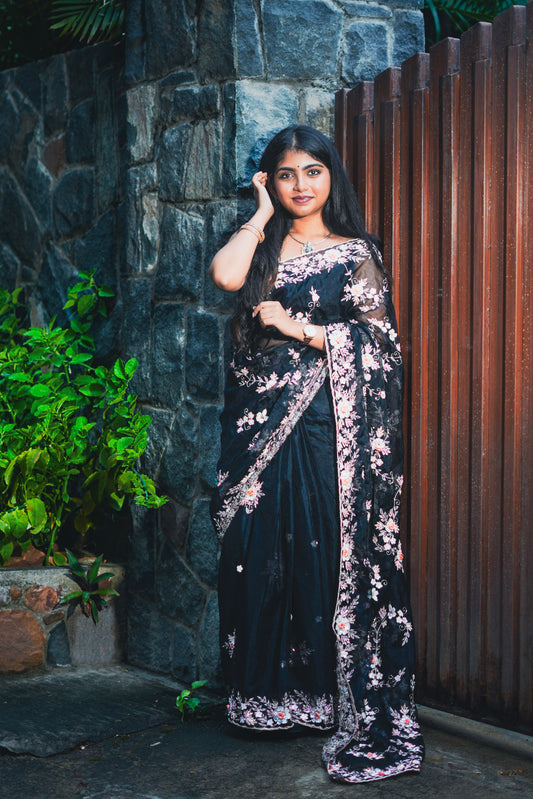 BLACK ORGANZA HANDWORK SAREE