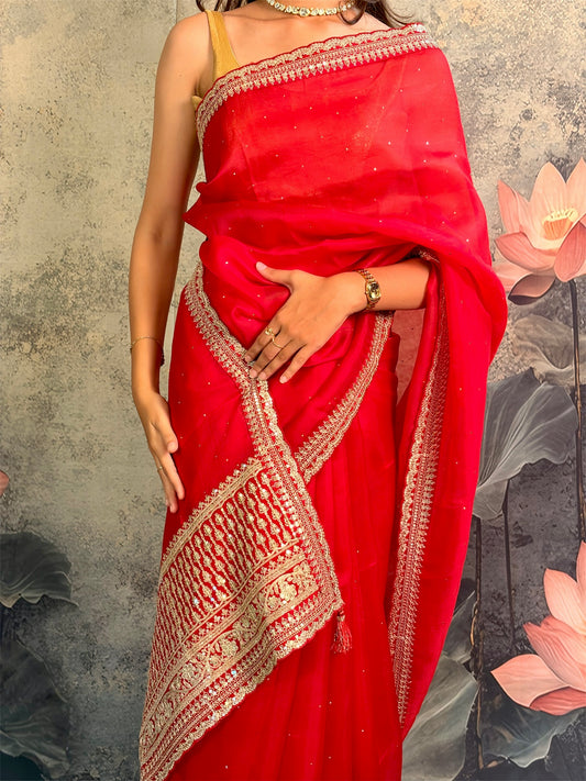 Pure kora silk with sabyasachi lace and mukesh work.