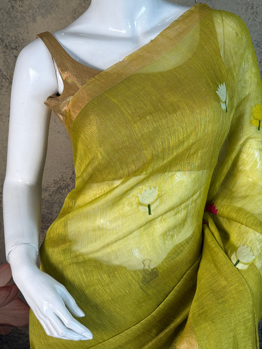 Pure Silk Linen Jamdani Saree – Handwoven Elegant Green Festive Wear
