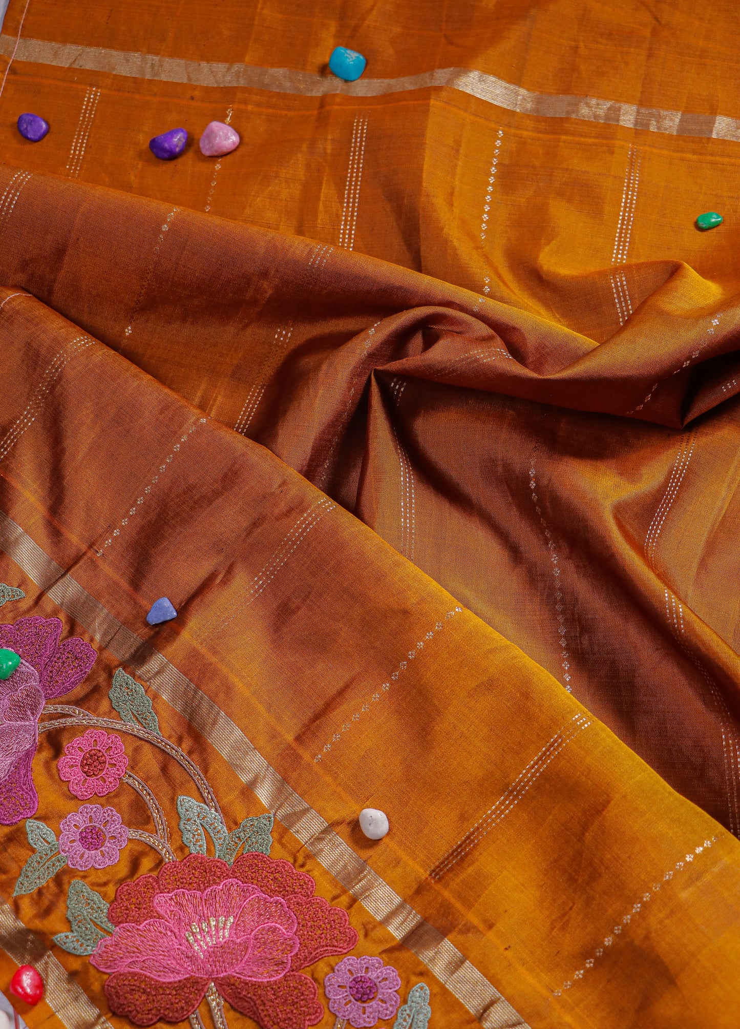 Emerald Green kanchipattu Silk saree with hand embroidered Floral Border