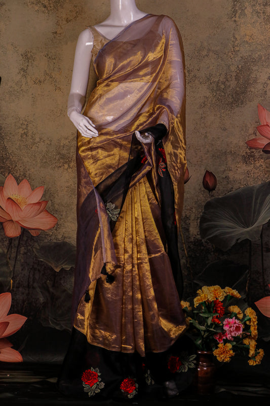 Pure Tissue Silk Saree with Kora Border & Petit Point Embroidery & Red Rose Motifs