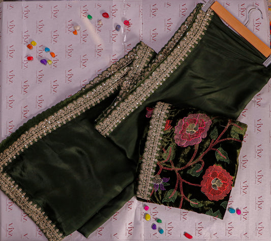 Pure Crepe Silk Saree with Sabyasachi-Style Lace Border & 1gm Velvet Jamdani Blouse