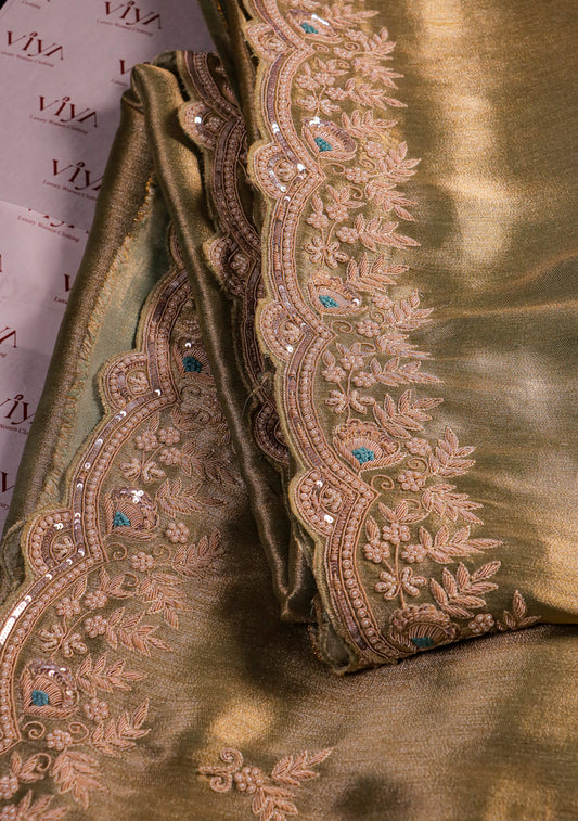 Sage Gold Silk Saree with Hand-Embroidered Scalloped Border