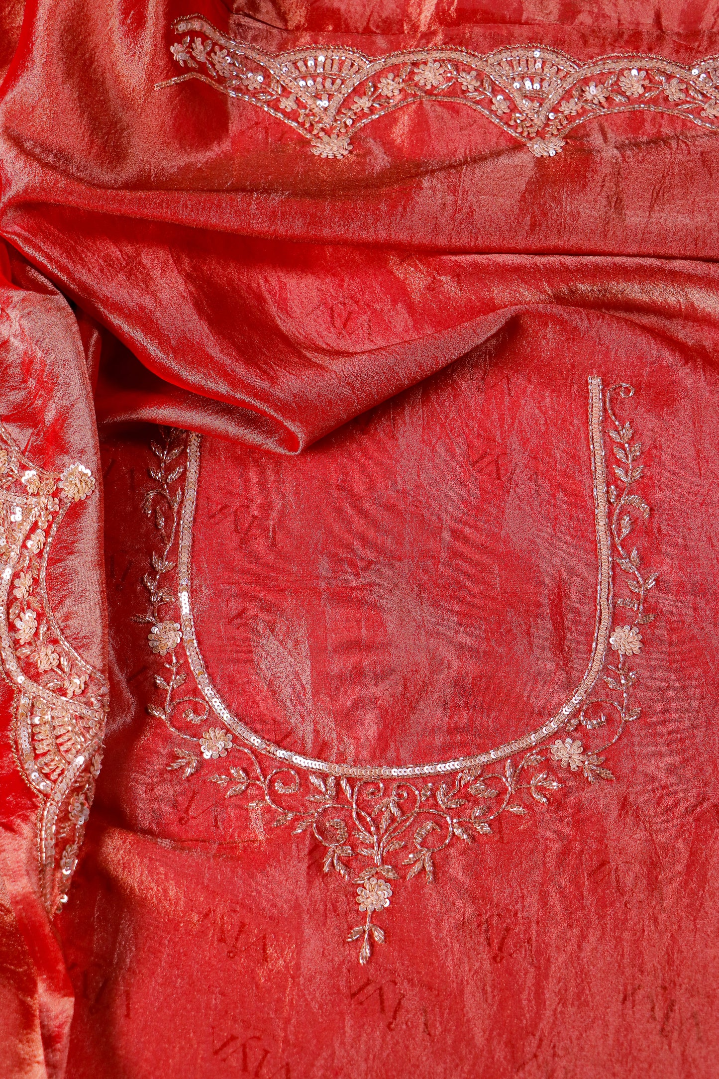 Deep Crimson Velvet Silk Saree with Hand-Embroidered Scalloped Border