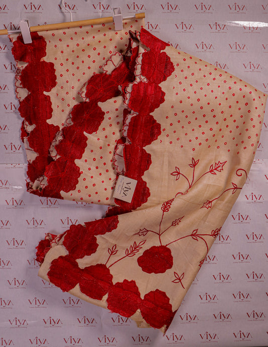 Pure Tussar Silk Saree with Bandhini Print & Hand-Applique Floral Border