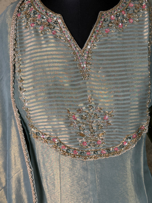 Sea Green Pure Tissue Silk Handwork Suit Set – 3 Piece