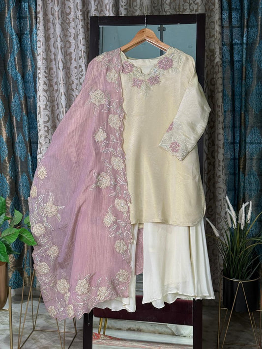 Pure Tissue Chinnon 3-Piece Suit with Applique Work