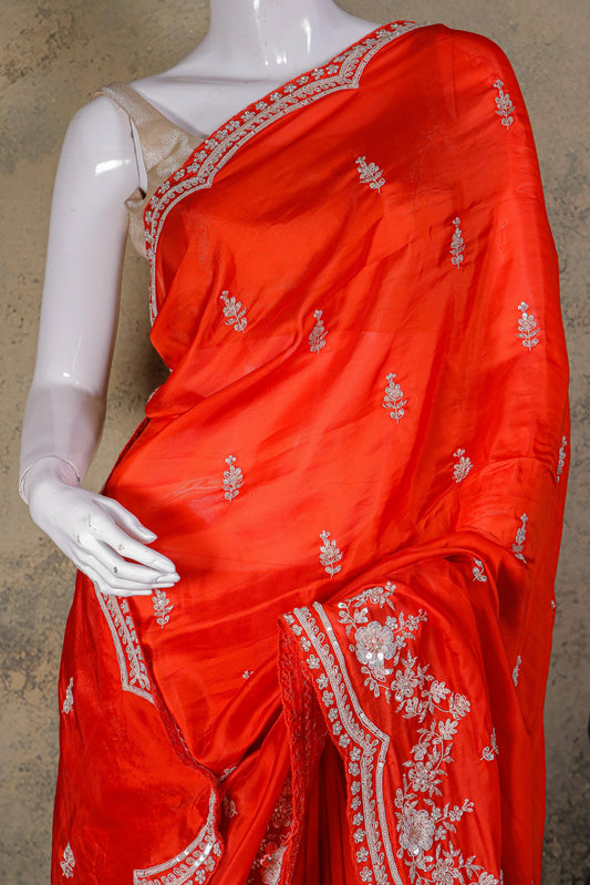 Scarlet Red Pure Crepe Saree with Intricate Hand Embroidery