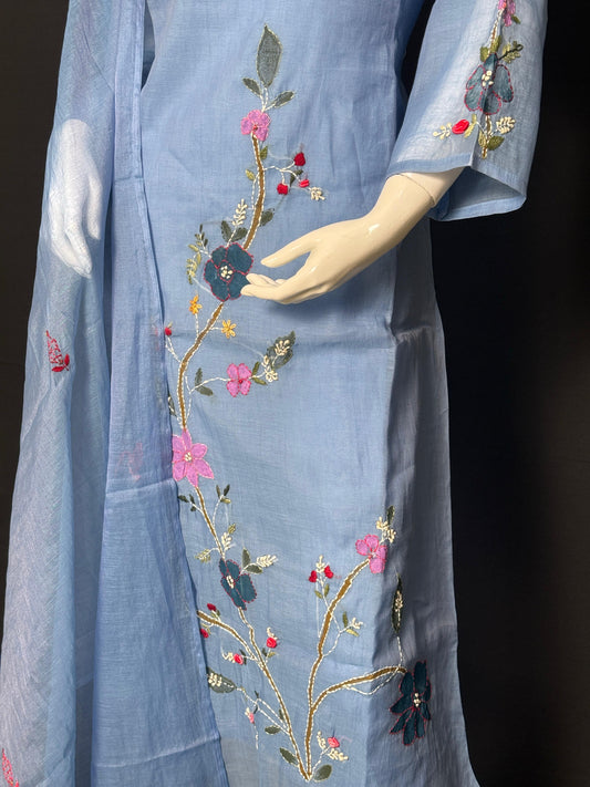 Sky Blue Hand-Painted Pure Mul Chanderi Suit Set