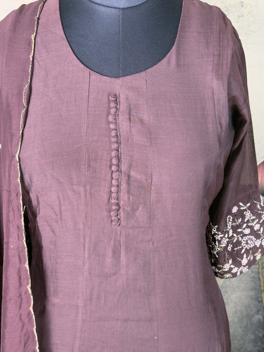 Brown Mul Chanderi Handwork Anarkali Suit Set – 3 Piece