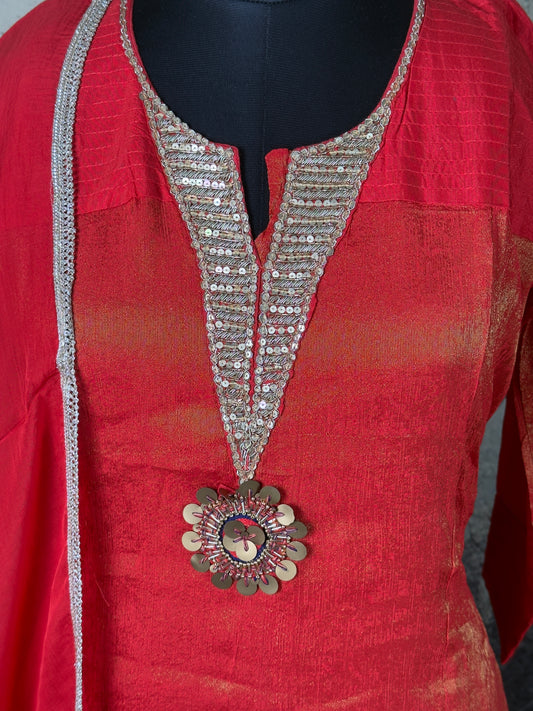 Red Pure Tissue Silk Handwork Suit Set – 3 Piece Straight Fit