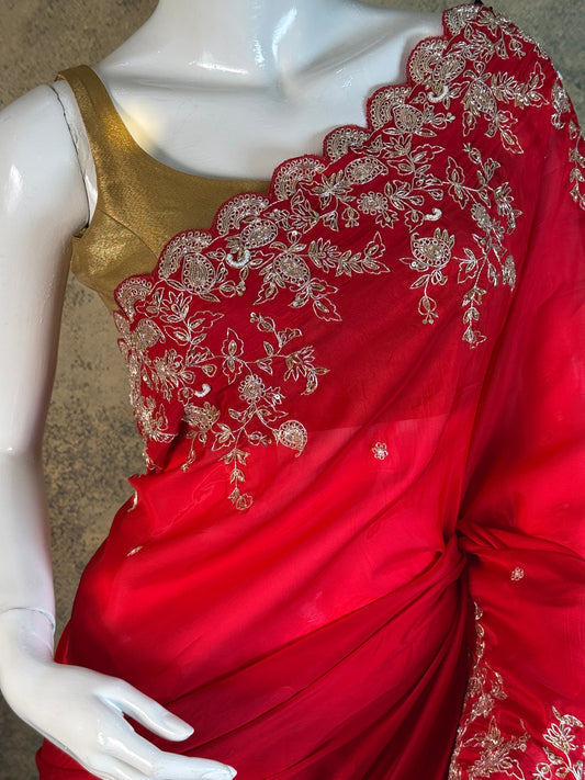 Pure Crepe Silk Red Saree with Zardozi Embroidery – Bridal & Festive Wear