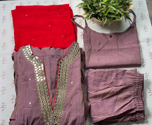 Lavender Pure Silk Handwork Anarkali Suit Set – 3 Piece