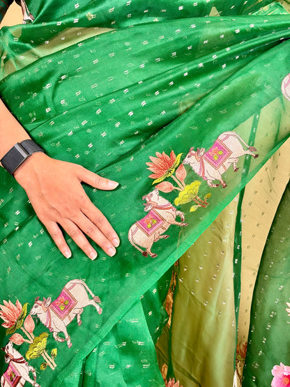 Pure Banarasi Kora saree with pichwai Embroidery & pocket sequencing