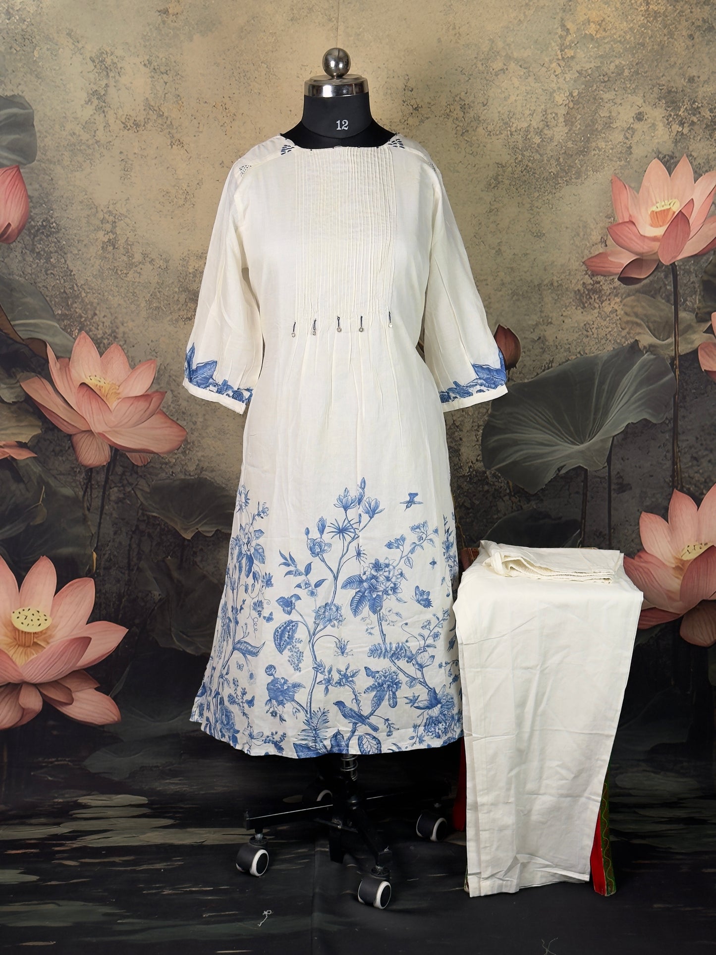 Pure Handloom Cotton Floral Kurta Set with Straight Pant - 2 piece