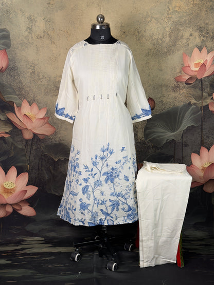 Pure Handloom Cotton Floral Kurta Set with Straight Pant - 2 piece