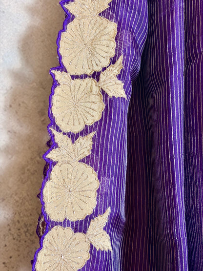 Pure Kora silk sare with Applique & stripes