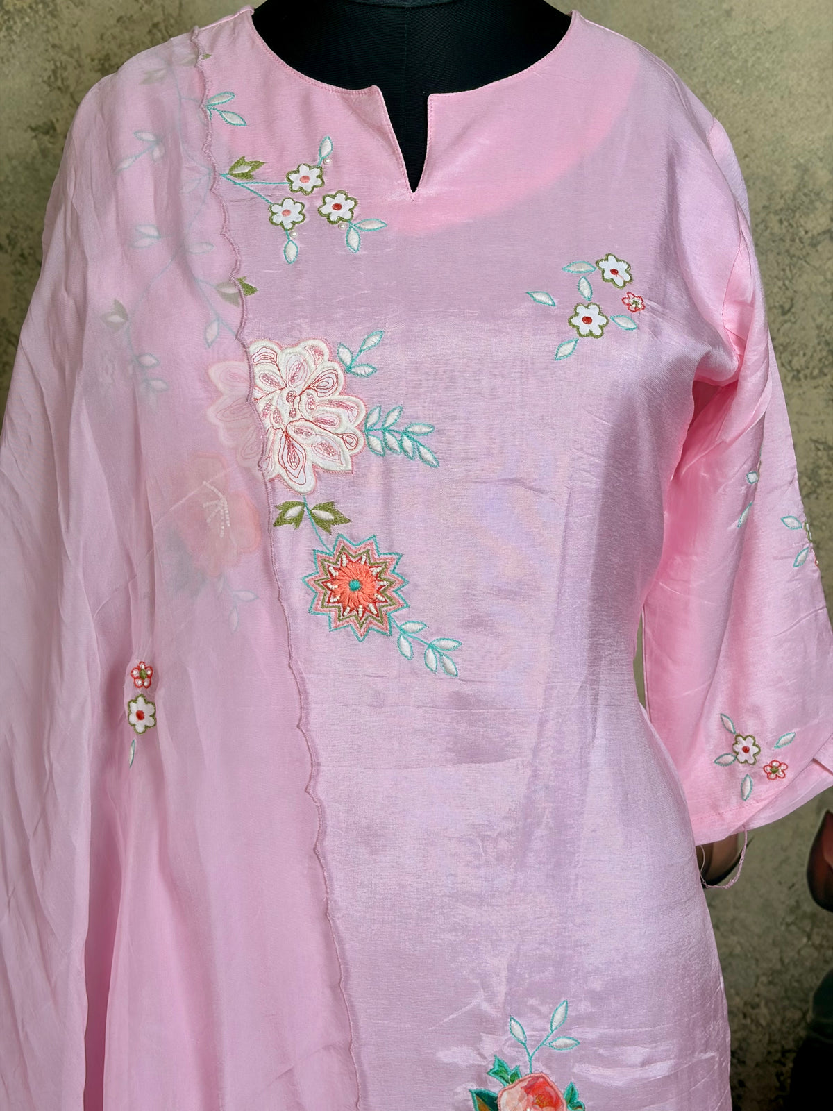 Pure Dola silk with Applique and embroidery