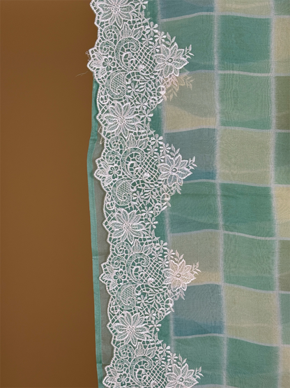 Pure Kora saree with checks pattern & embroidery