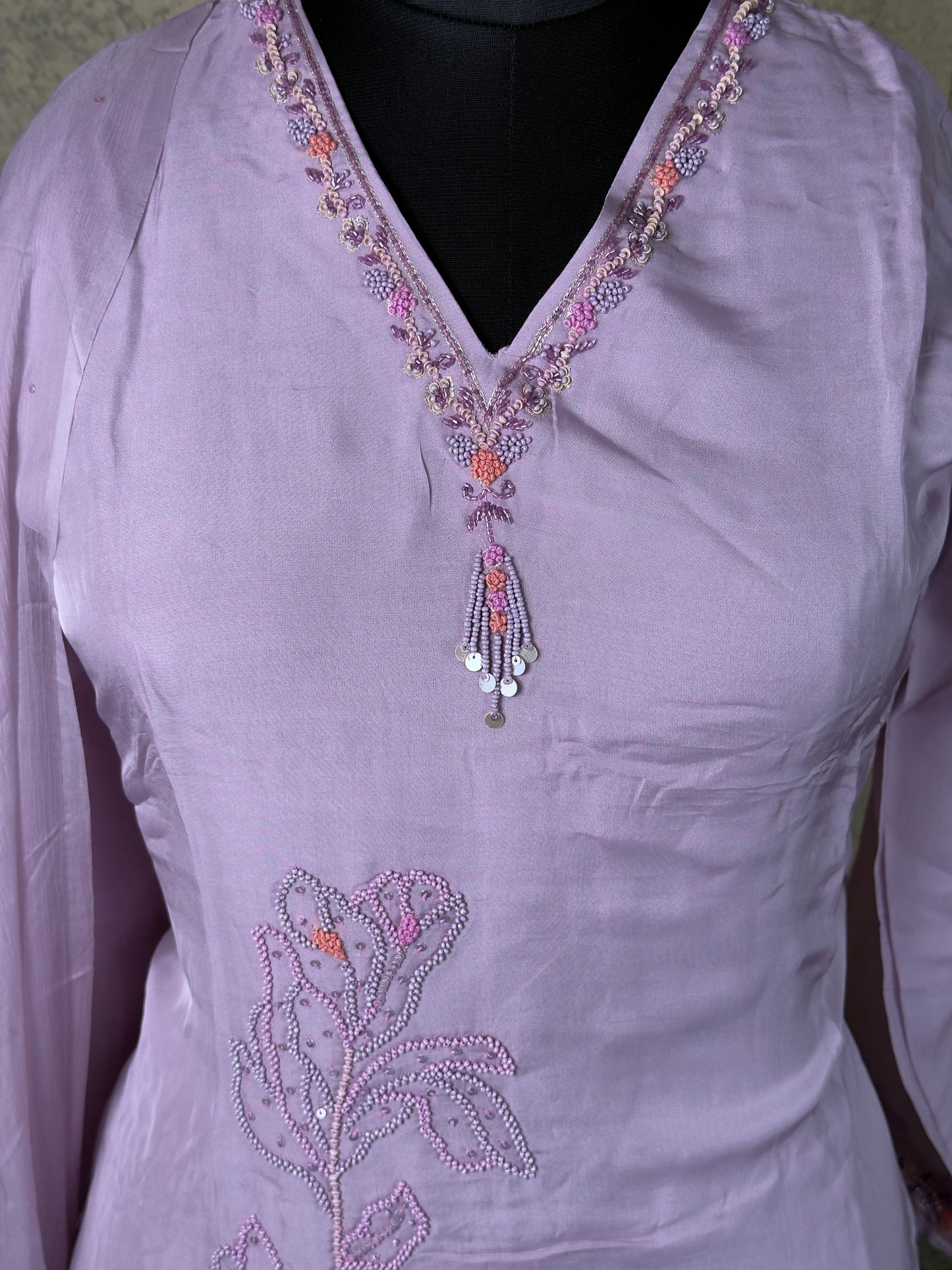 Lavender Chinnon A-Line Handwork Suit Set with Palazzo – 3 Piece