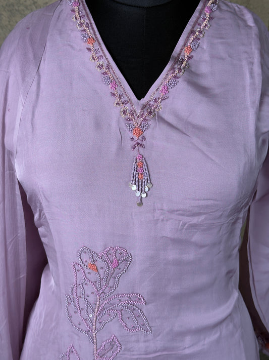 Lavender Chinnon A-Line Handwork Suit Set with Palazzo – 3 Piece