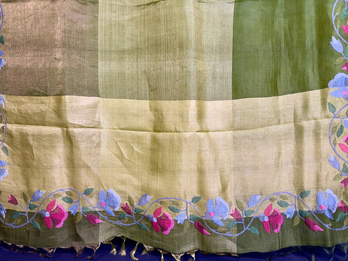 Pure Kora tusser tissue saree with jamdani style of embroidery