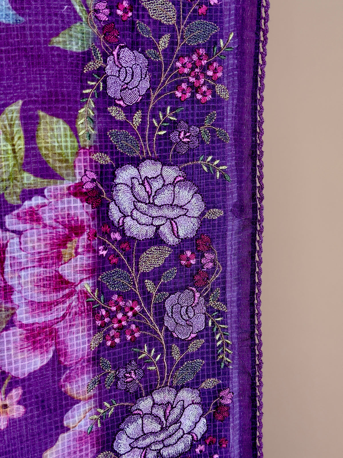 Pure kora checks with digital print & embroidery