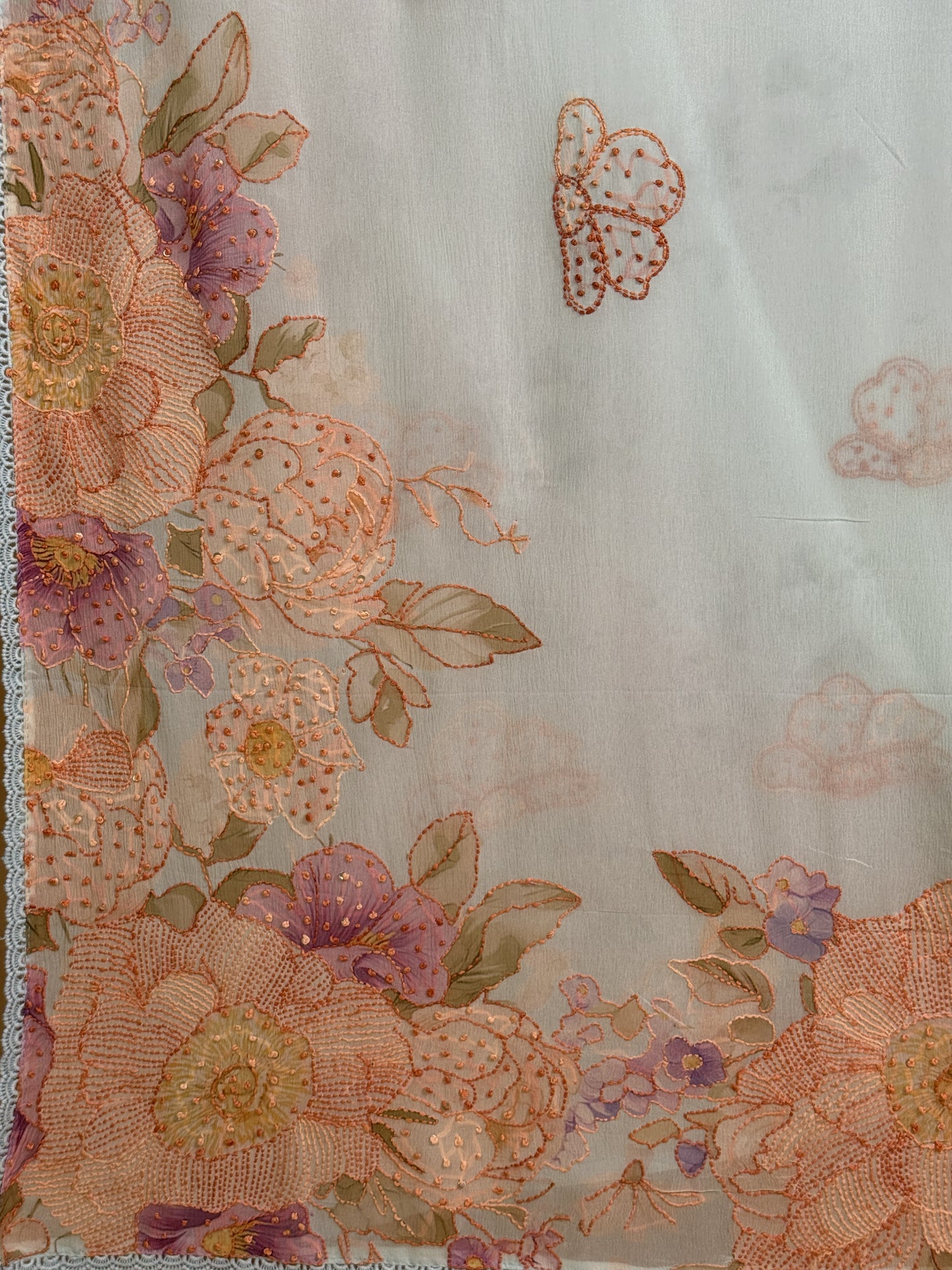 Pure chiifon saree digital print & katha knot work