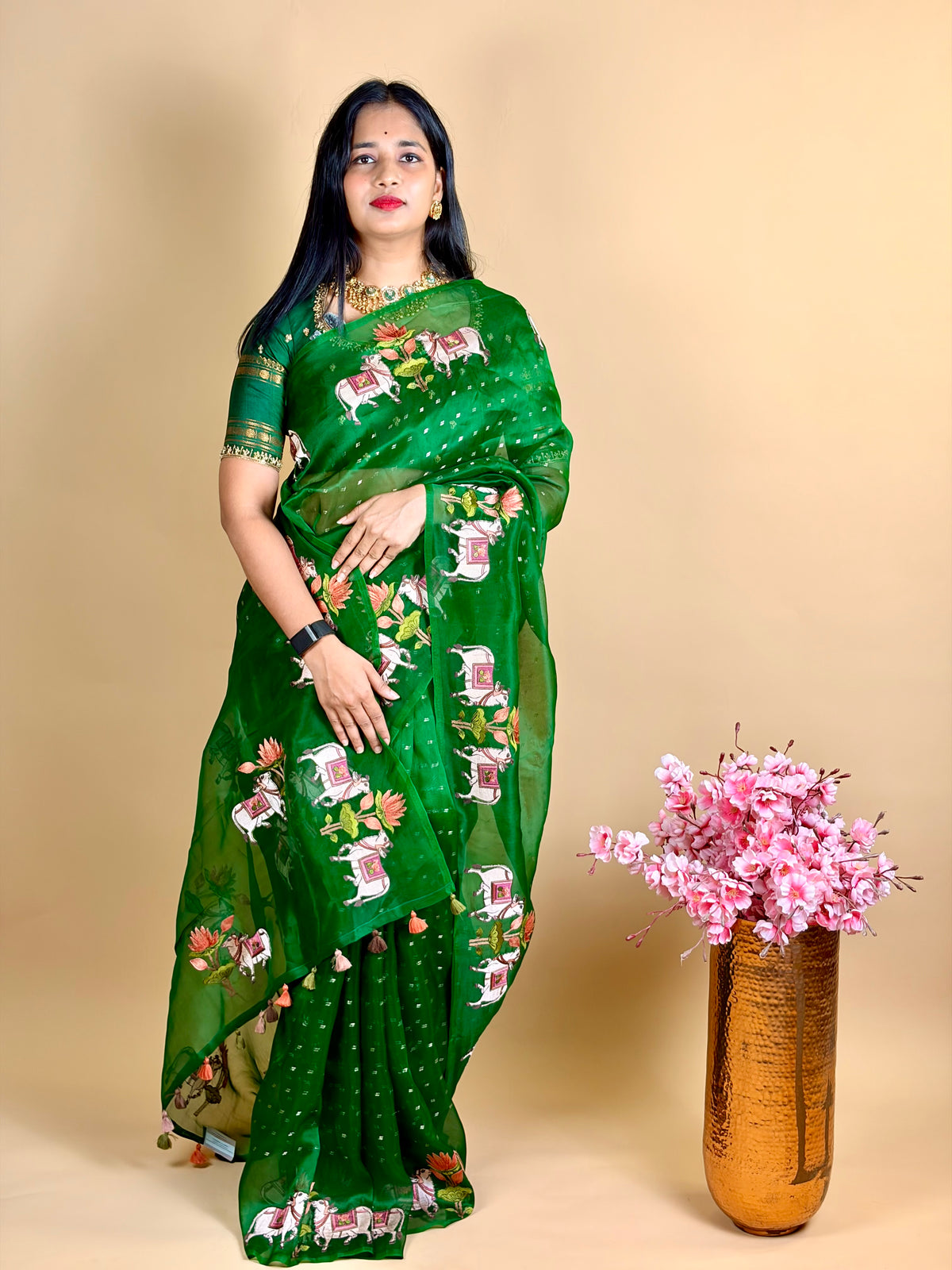 Pure Banarasi Kora saree with pichwai Embroidery & pocket sequencing