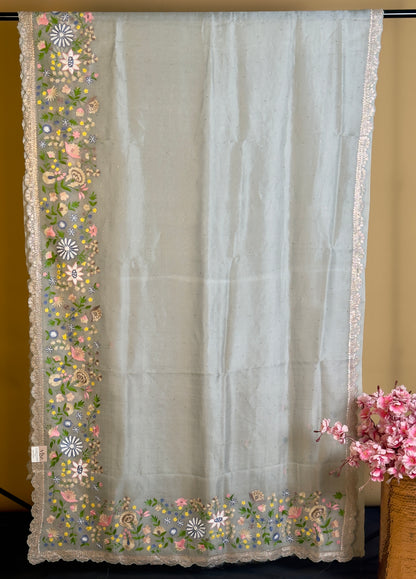 Pure Kora silk saree with fusion embroidery with Mukesh work
