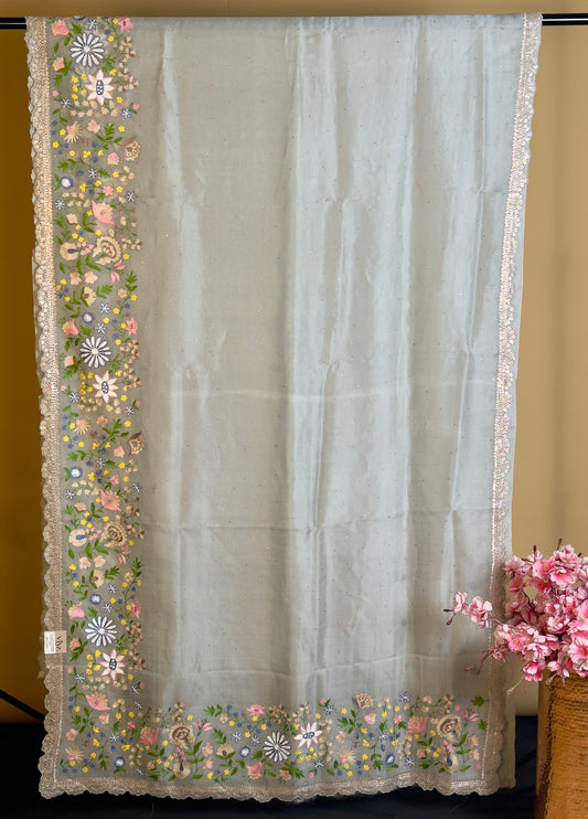 Pure Kora silk saree with fusion embroidery with Mukesh work