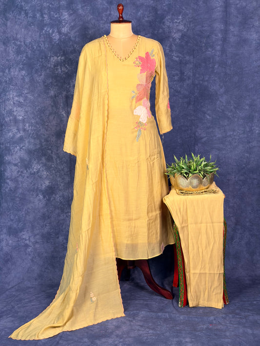 Pure surath Mulchendari with applique and Handwork