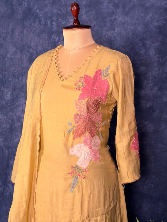 Pure surath Mulchendari with applique and Handwork