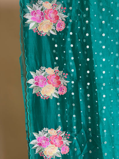 Pure Kora saree with Embroidery and Weaved Butti