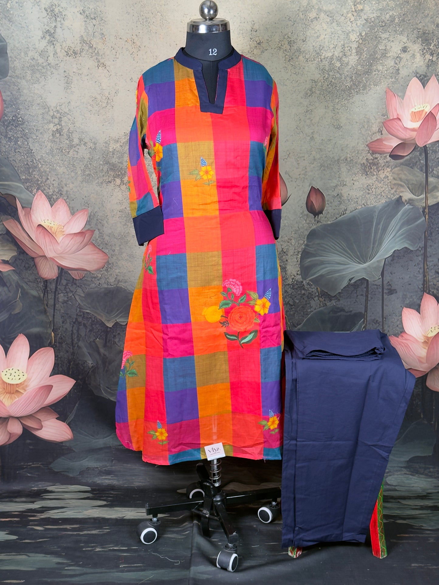 Pure Handloom Cotton Multicolor Check Kurta Set with Straight Pant 2 piece