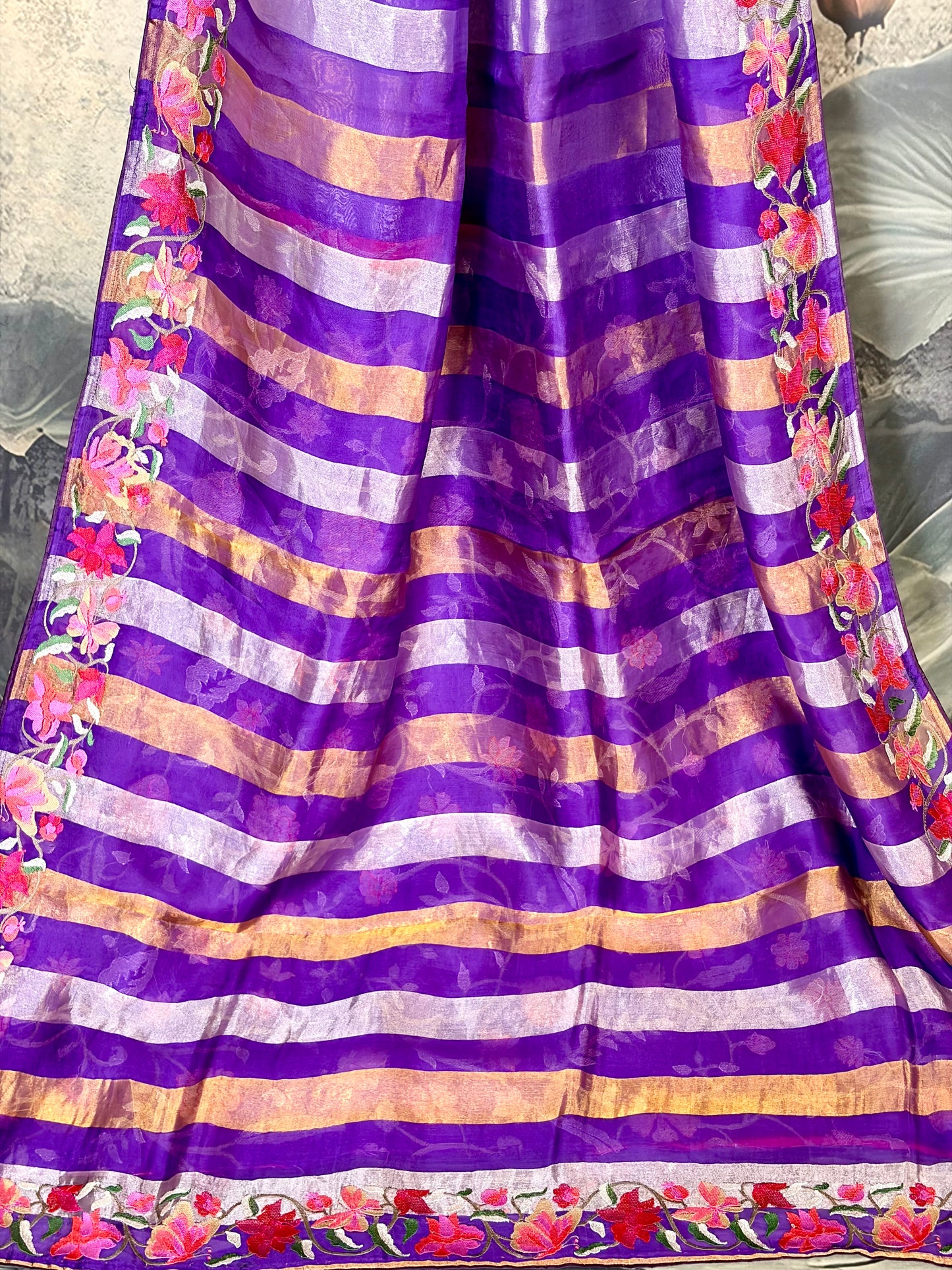 Pure tissue silk saree with Embroidery & stripes