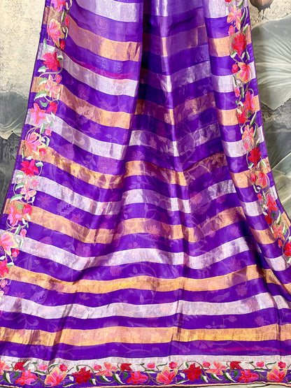 Pure tissue silk saree with Embroidery & stripes