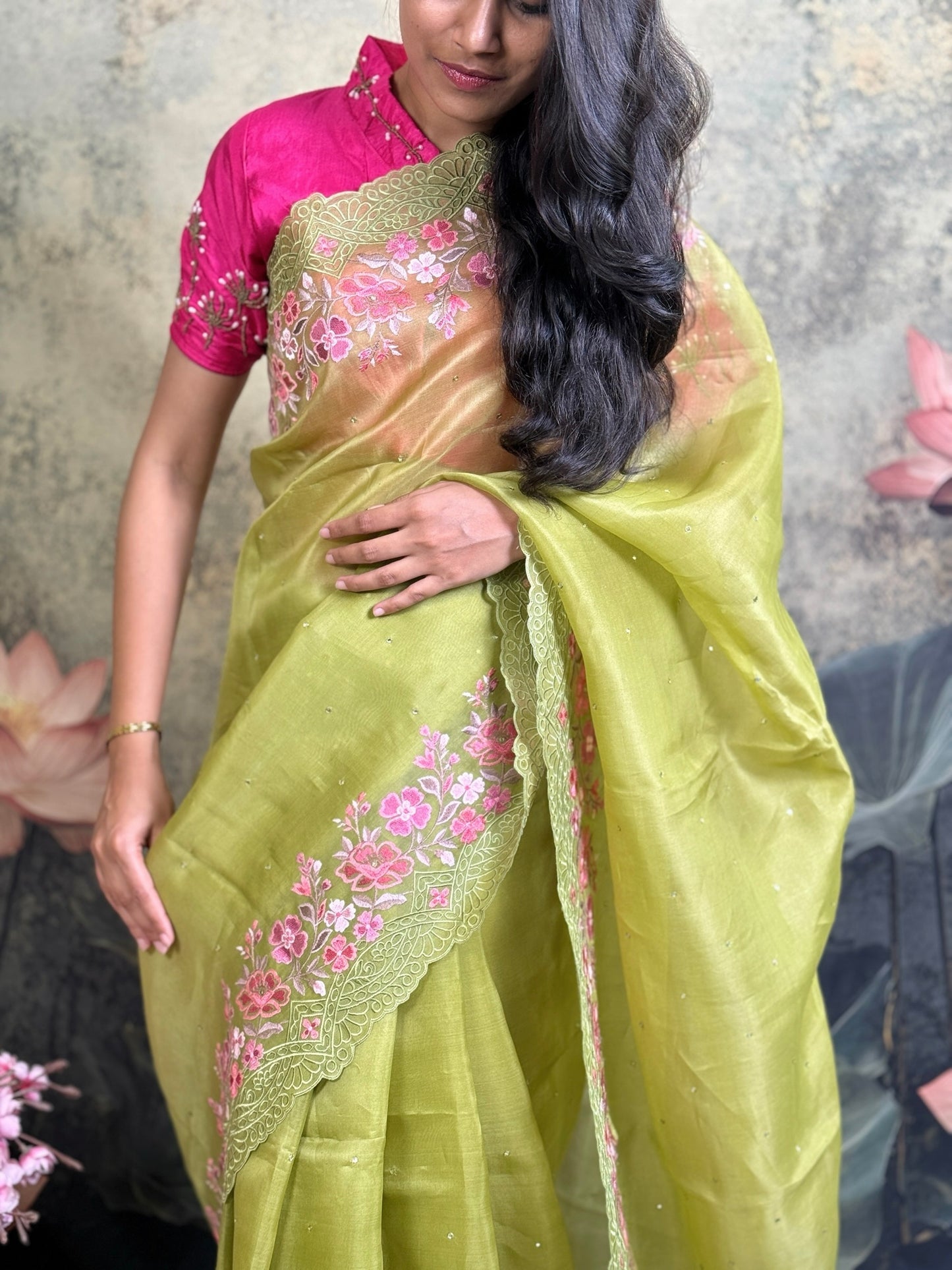 Pure kora with embroidery and all over mukesh work