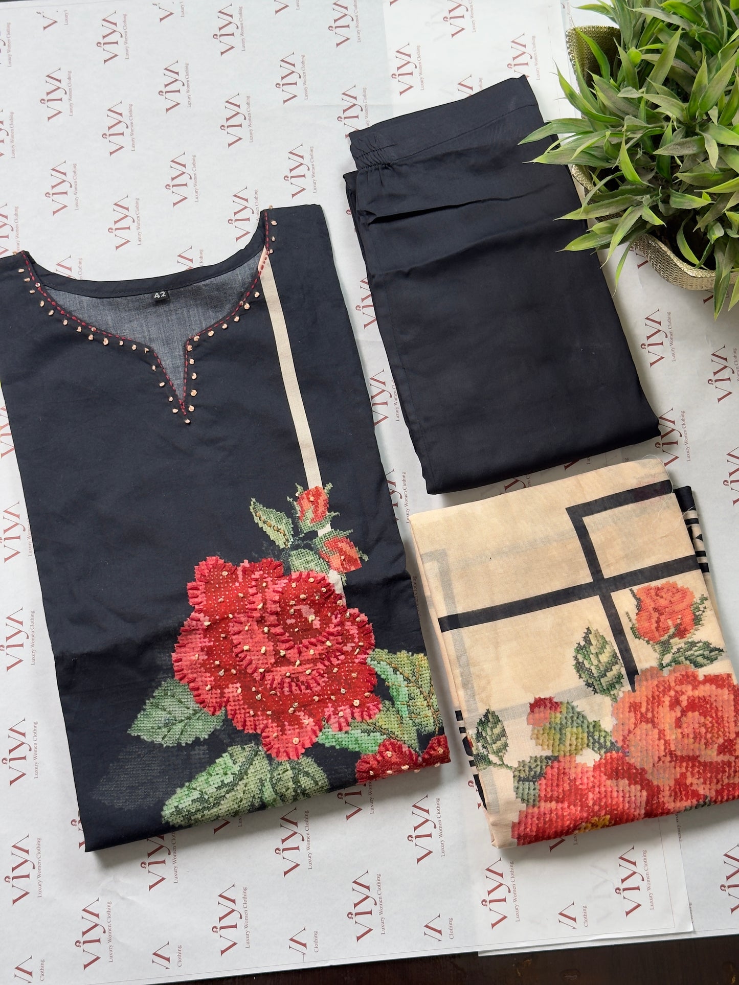 Black Pure Cotton Cross-Stitch Kurta Set – 3 Piece