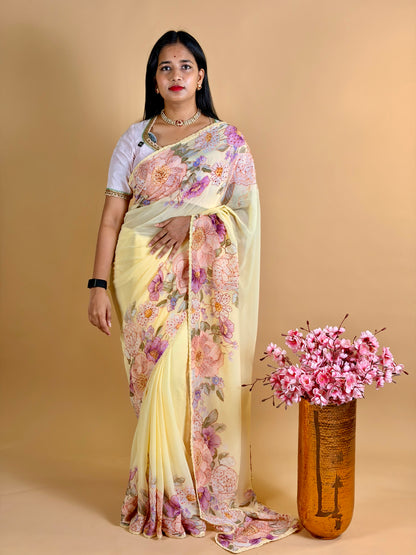 Pure chiifon saree digital print & katha knot work