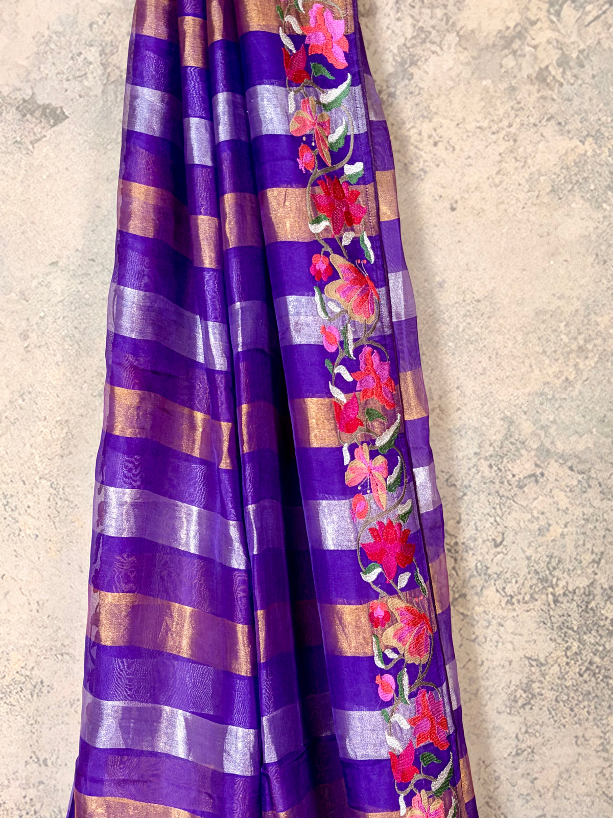 Pure tissue silk saree with Embroidery & stripes