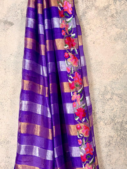 Pure tissue silk saree with Embroidery & stripes