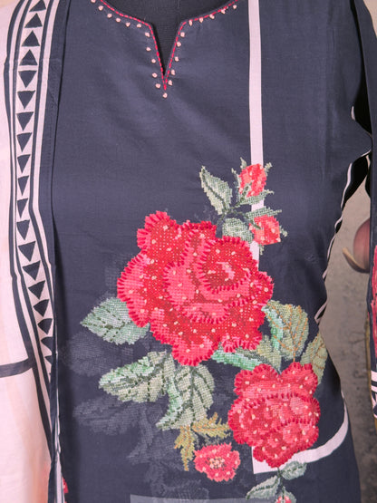 Black Pure Cotton Cross-Stitch Kurta Set – 3 Piece