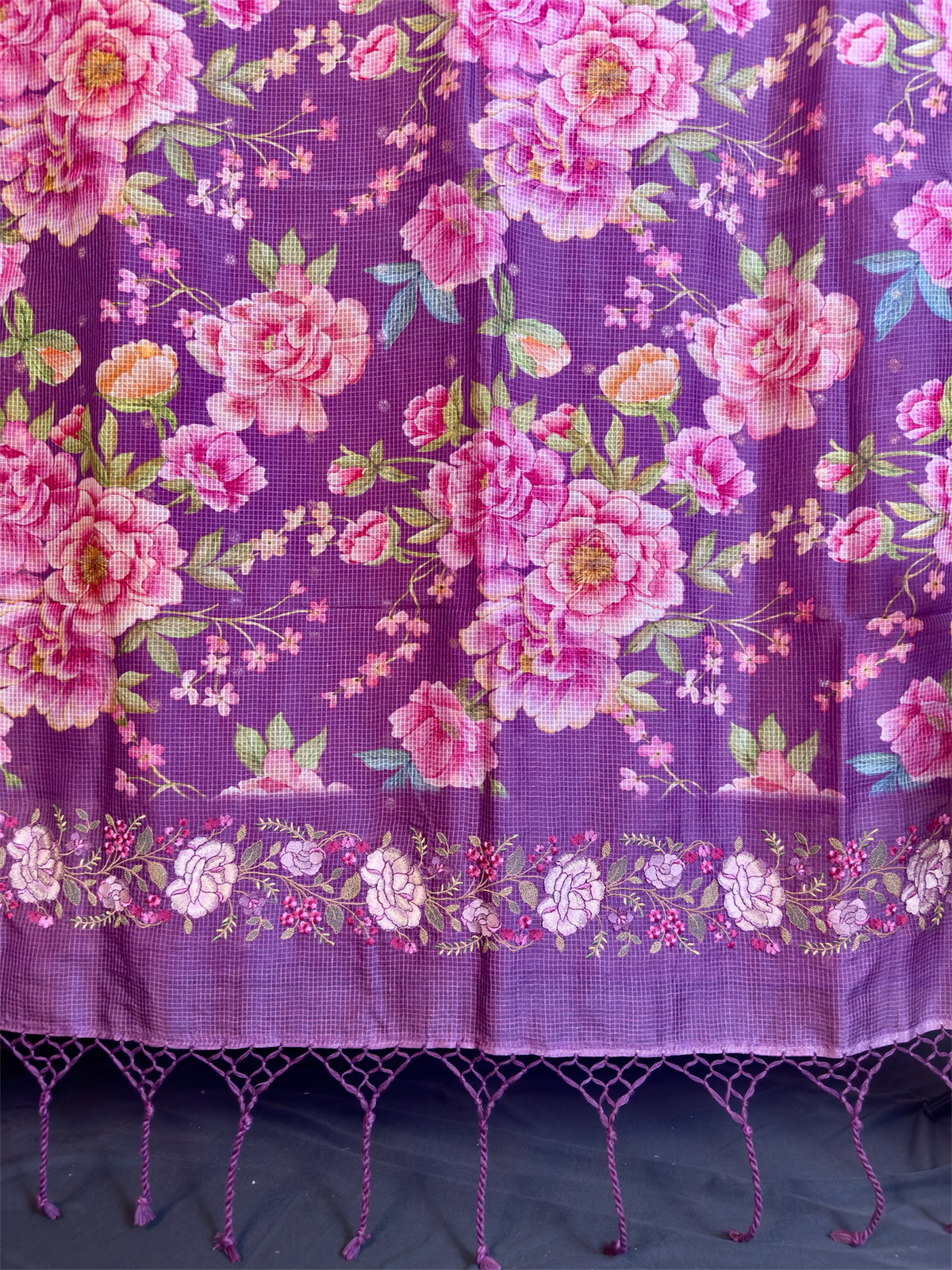 Pure kora checks with digital print & embroidery