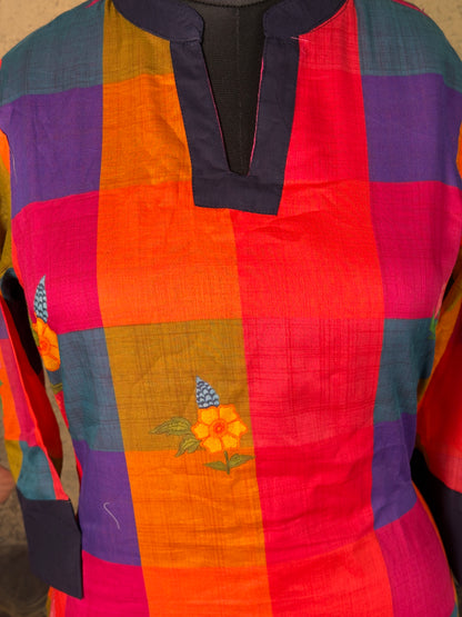 Pure Handloom Cotton Multicolor Check Kurta Set with Straight Pant 2 piece