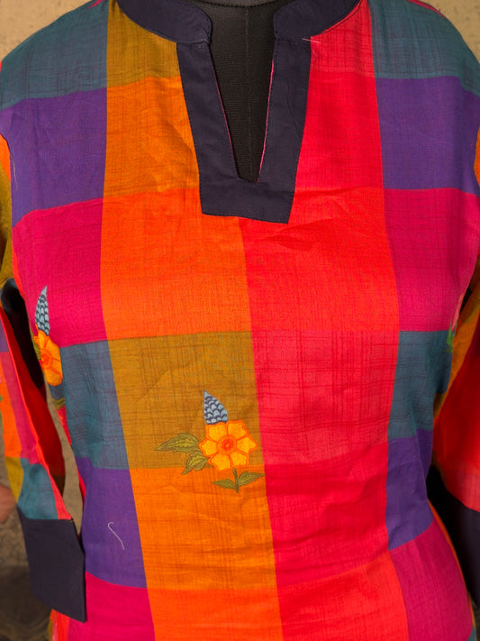 Pure Handloom Cotton Multicolor Check Kurta Set with Straight Pant 2 piece