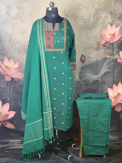 Green Handloom Cotton Hand Applique Suit Set – 3 Piece